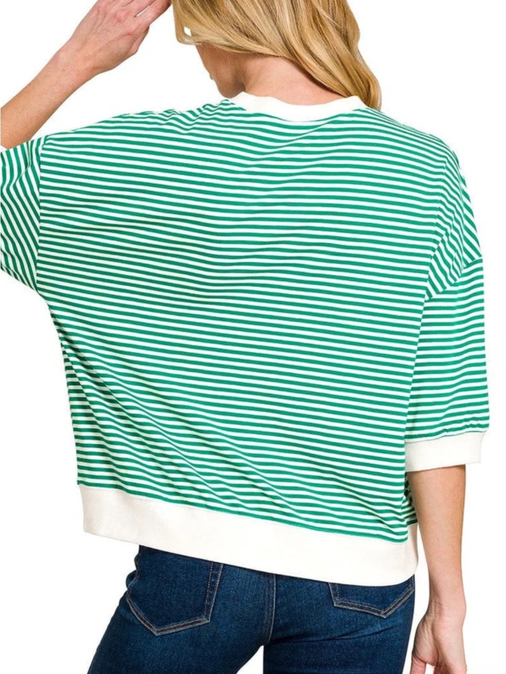 Zenana Outfitters Green and White Striped Crew Tee
